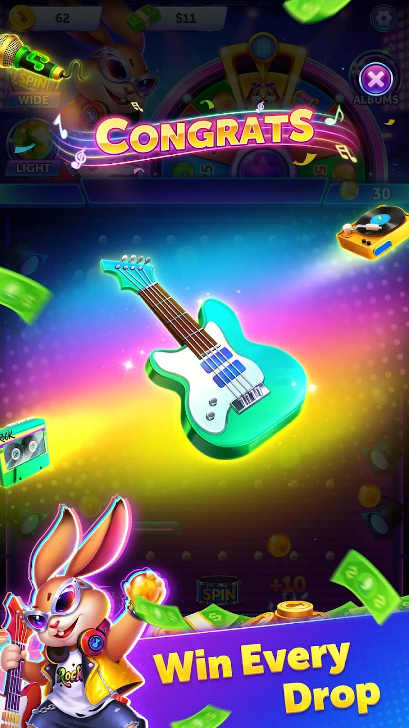 Gameplay scene with a glowing guitar under a rainbow spotlight